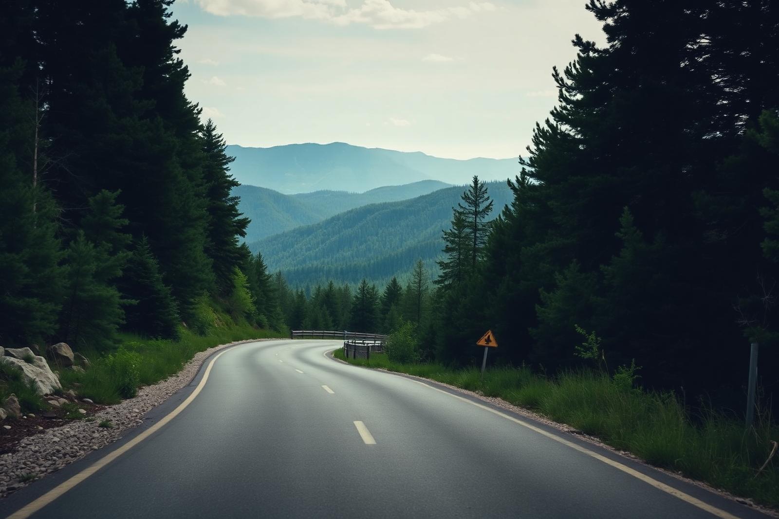 Empty road curving through forested mountains in central Bosnia