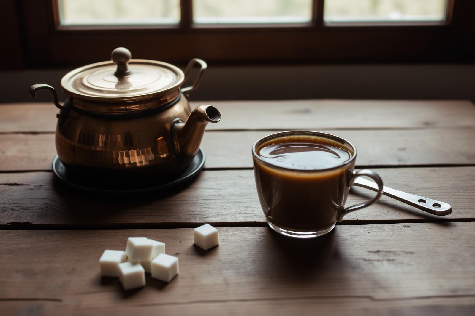 Bosnian coffee served in a copper dzezva with a small cup on a wooden table