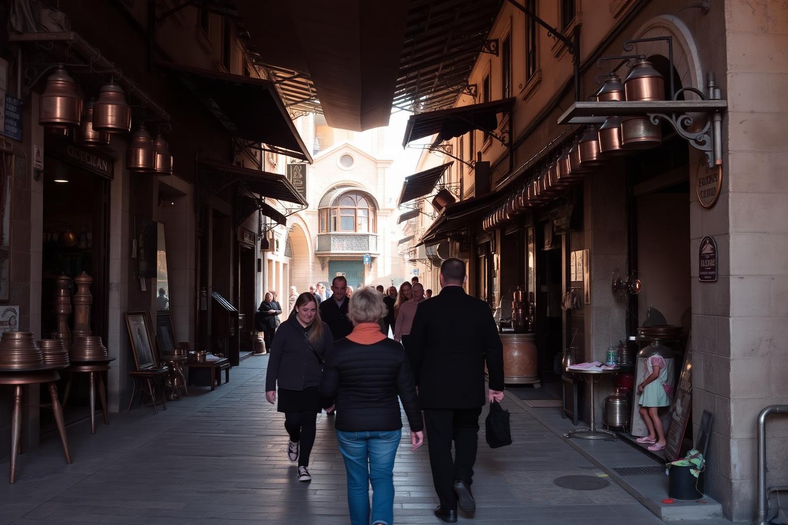 Copper workshops along a paved lane in Bascarsija, Sarajevo