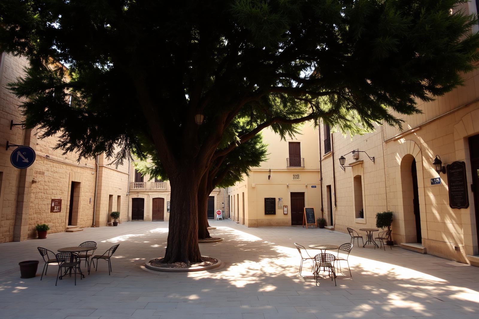 Shaded stone square with cafe tables in a Herzegovinian old town