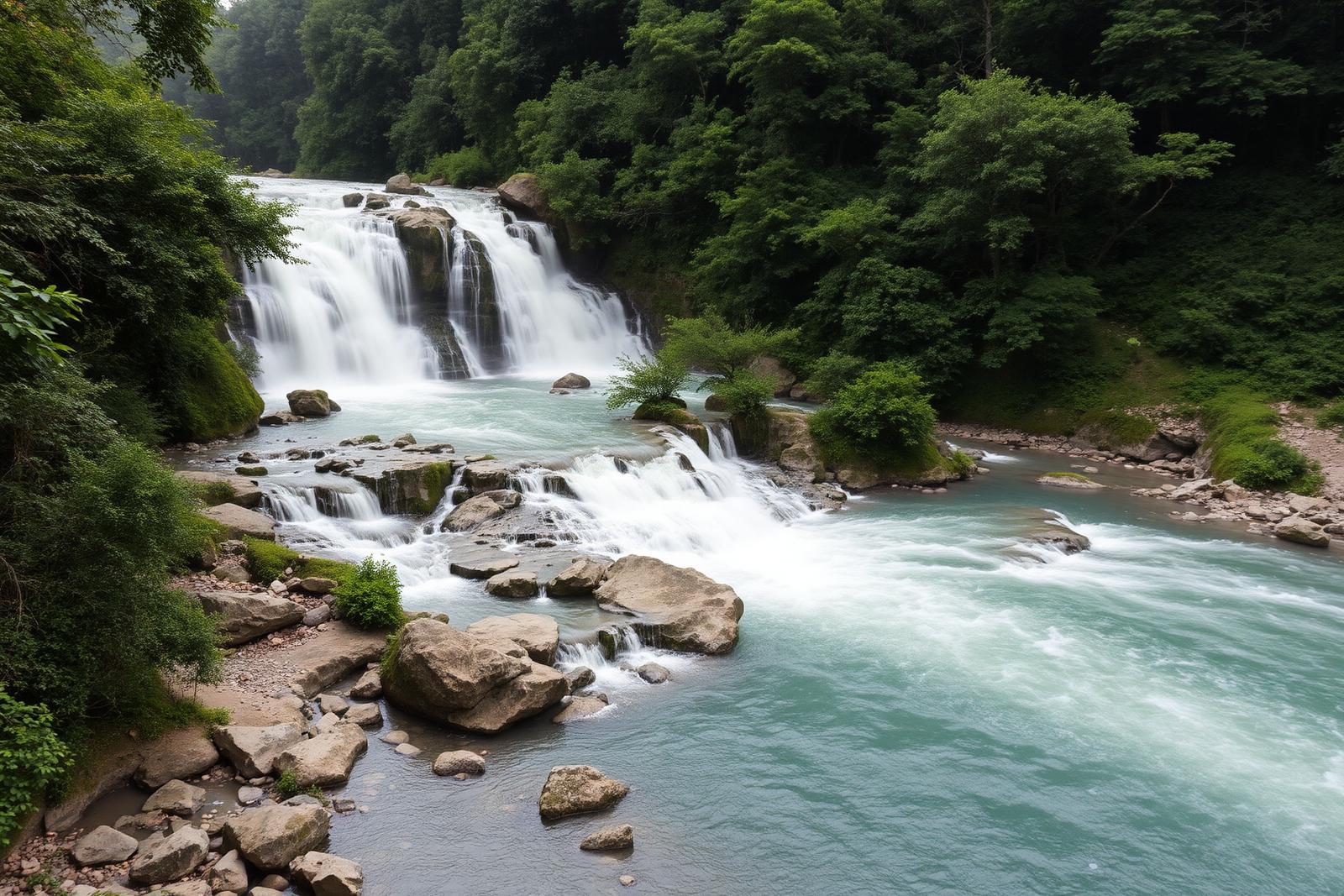 Wide travertine waterfalls on the Una river surrounded by forest